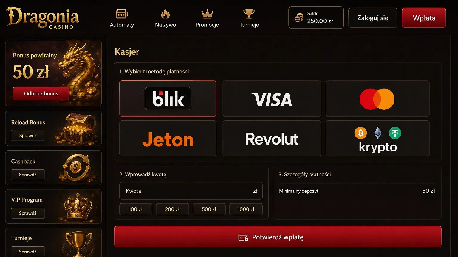 Metody płatności i wypłaty w Dragonia Casino Polska